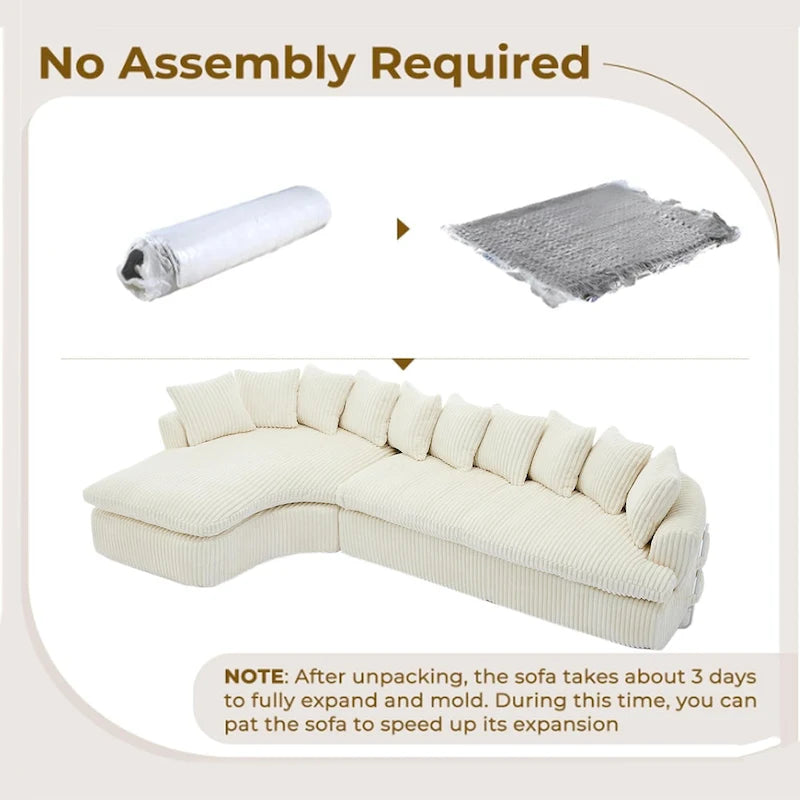 127 Large Corduroy Upholstered L-Shape Modular Sectional Sofa with 10 Pillows, High-Resilience Foam, No Assembly Required