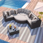 Moderno Set Divano da Esterno in Vimini a 7 Pezzi con Tavolino da Caffè, Cuscini e Cuscini a Strisce, Adatto per Patio, Giardino, Terrazza