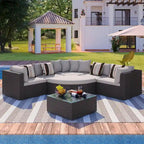 Moderno Set Divano da Esterno in Vimini a 7 Pezzi con Tavolino da Caffè, Cuscini e Cuscini a Strisce, Adatto per Patio, Giardino, Terrazza