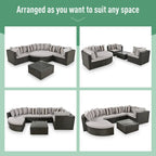 Moderno Set Divano da Esterno in Vimini a 7 Pezzi con Tavolino da Caffè, Cuscini e Cuscini a Strisce, Adatto per Patio, Giardino, Terrazza