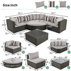 Moderno Set Divano da Esterno in Vimini a 7 Pezzi con Tavolino da Caffè, Cuscini e Cuscini a Strisce, Adatto per Patio, Giardino, Terrazza