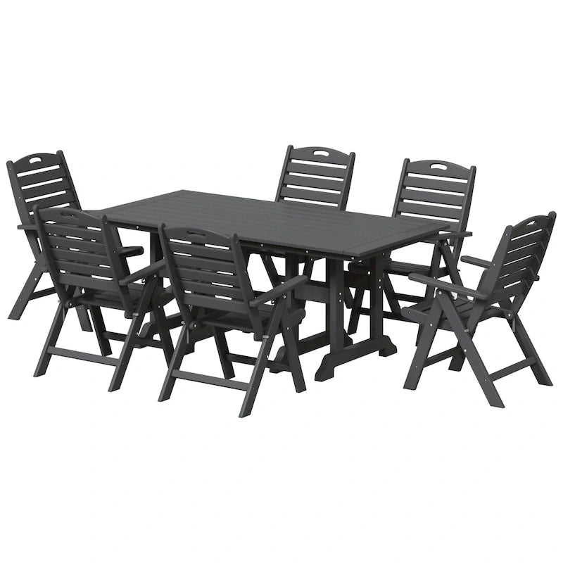 Set da pranzo Polytrends Laguna da 7 pezzi con tavolo rettangolare e sedie pieghevoli con schienale alto