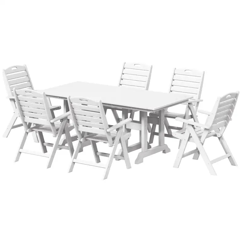 Set da pranzo Polytrends Laguna da 7 pezzi con tavolo rettangolare e sedie pieghevoli con schienale alto