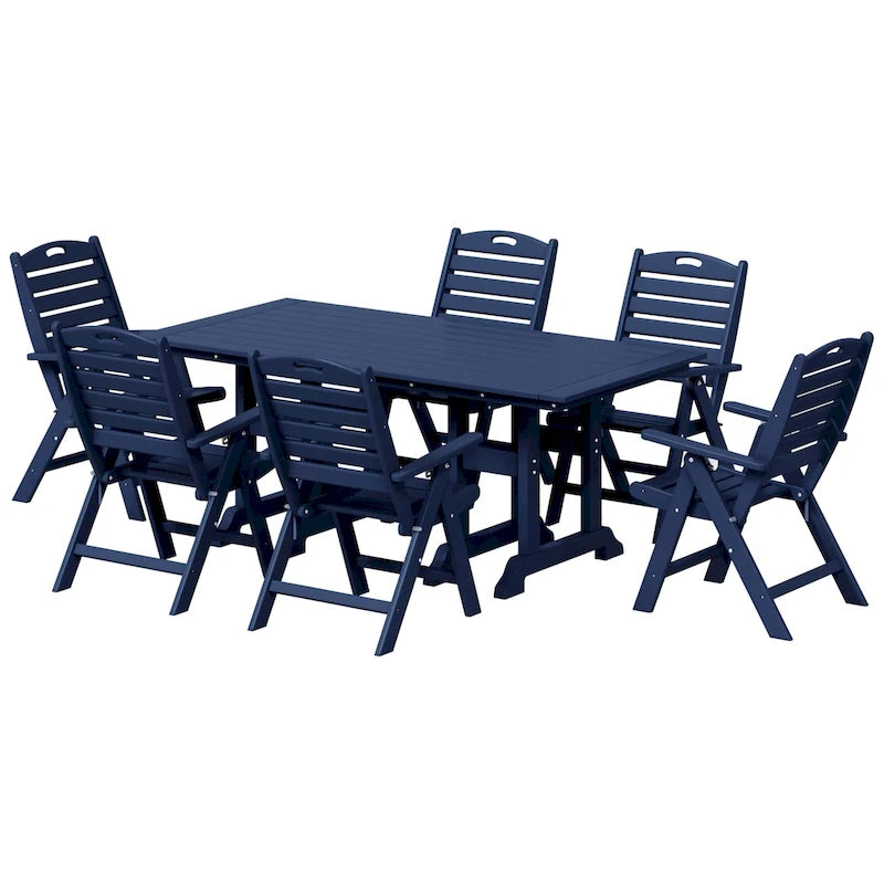 Set da pranzo Polytrends Laguna da 7 pezzi con tavolo rettangolare e sedie pieghevoli con schienale alto