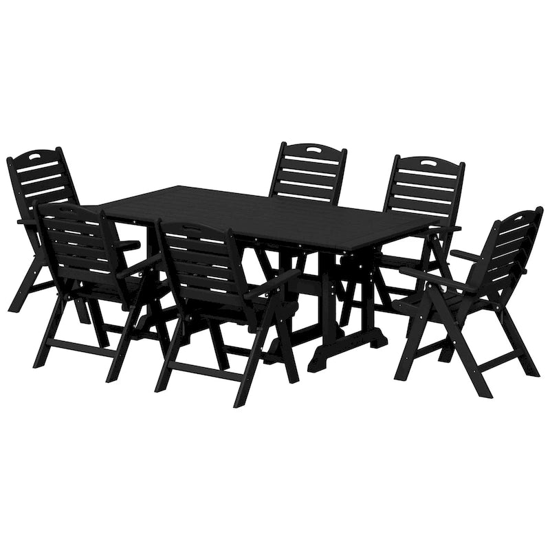 Set da pranzo Polytrends Laguna da 7 pezzi con tavolo rettangolare e sedie pieghevoli con schienale alto