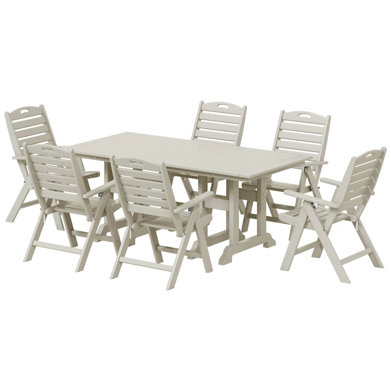 Set da pranzo Polytrends Laguna da 7 pezzi con tavolo rettangolare e sedie pieghevoli con schienale alto