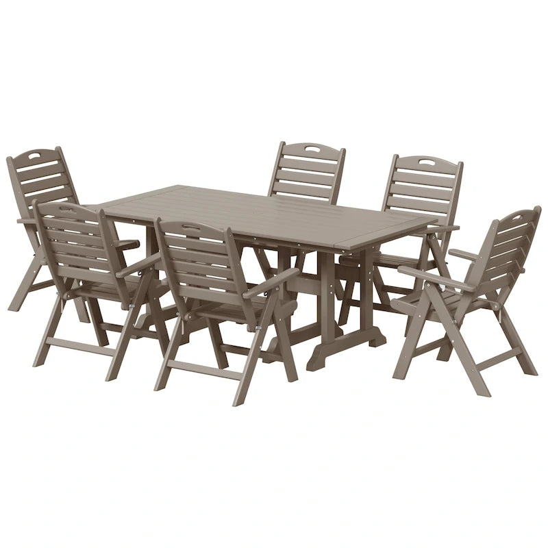 Set da pranzo Polytrends Laguna da 7 pezzi con tavolo rettangolare e sedie pieghevoli con schienale alto