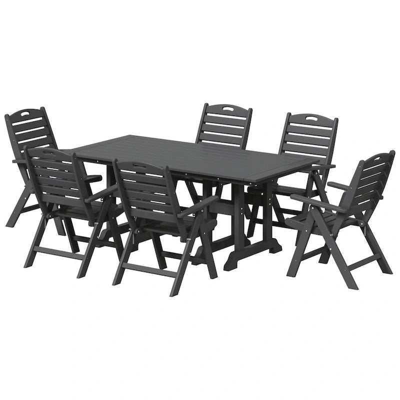 Polytrends Laguna 7-Piece Rectangular Table Folding Highback Chair Dining Set