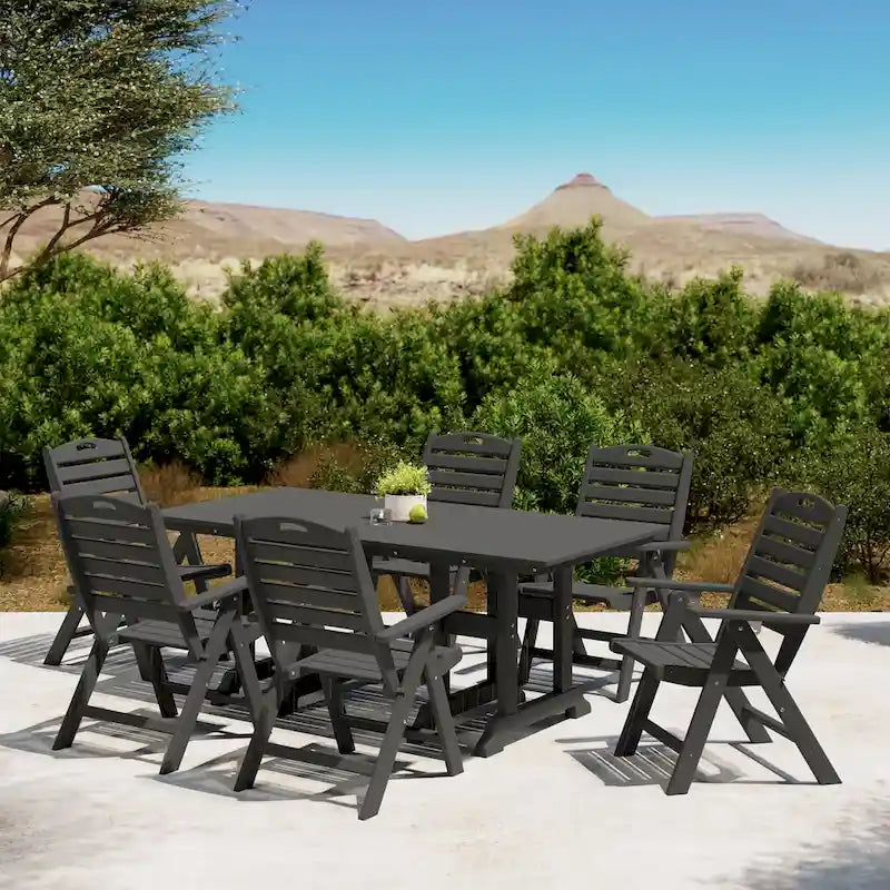 Polytrends Laguna 7-Piece Rectangular Table Folding Highback Chair Dining Set