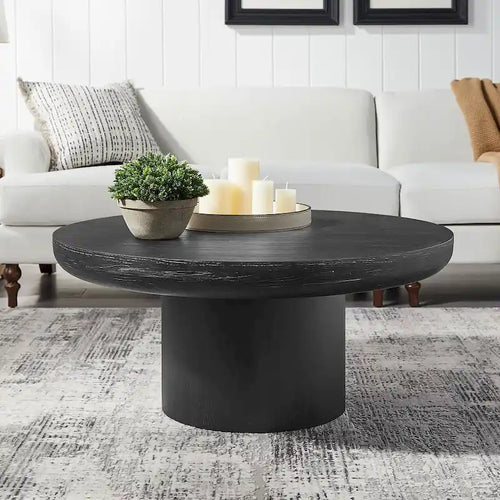 35.98 Round Coffee Table with Cylindrical Leg Base, Wood Grain Veneer, Suitable for Bedroom, Living Room, Balcony, and Office