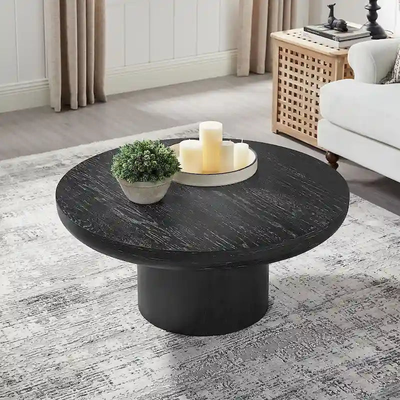 35.98 Round Coffee Table with Cylindrical Leg Base, Wood Grain Veneer, Suitable for Bedroom, Living Room, Balcony, and Office