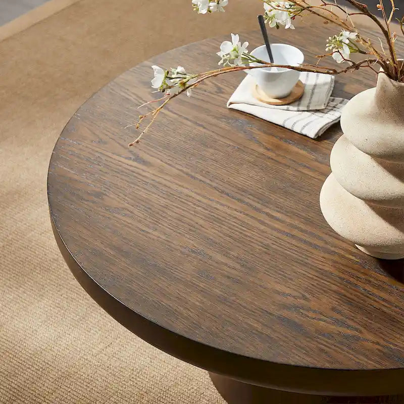 35.98 Round Coffee Table with Cylindrical Leg Base, Wood Grain Veneer, Suitable for Bedroom, Living Room, Balcony, and Office