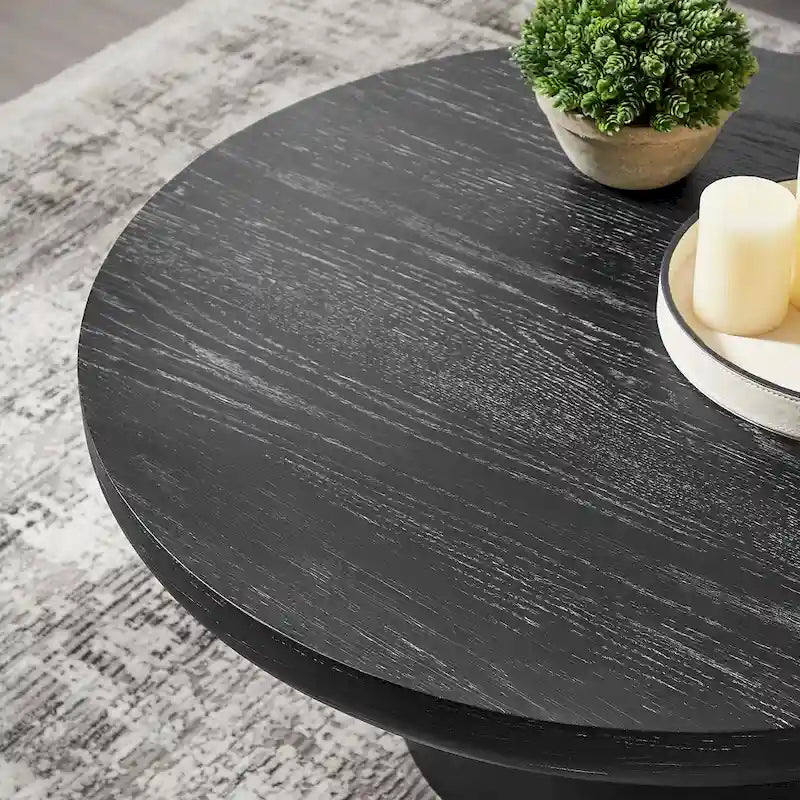35.98 Round Coffee Table with Cylindrical Leg Base, Wood Grain Veneer, Suitable for Bedroom, Living Room, Balcony, and Office