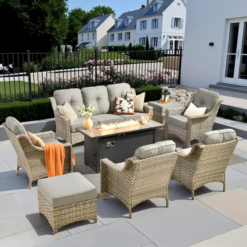 XIZZI 8-piece Outdoor Wicker Furniture Set with 54 Fire Table