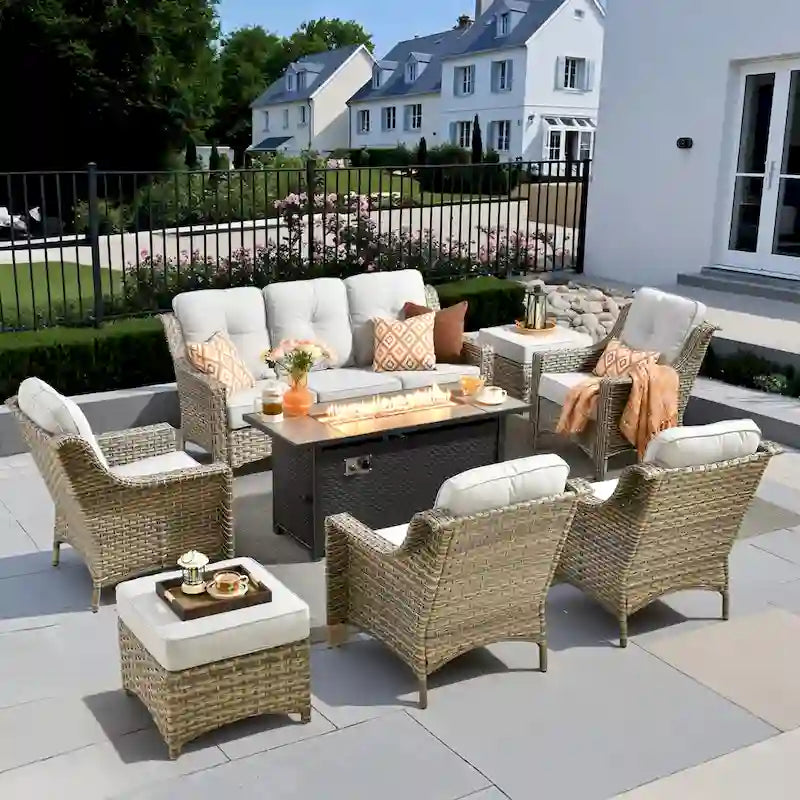 XIZZI 8-piece Outdoor Wicker Furniture Set with 54 Fire Table