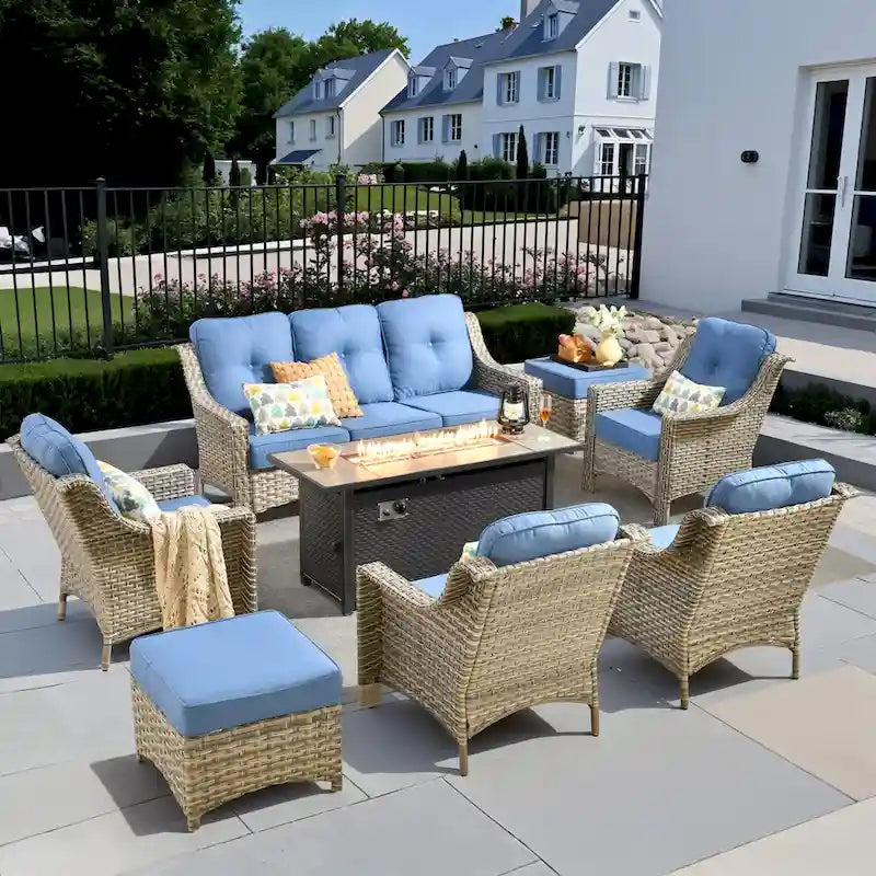 XIZZI 8-piece Outdoor Wicker Furniture Set with 54 Fire Table