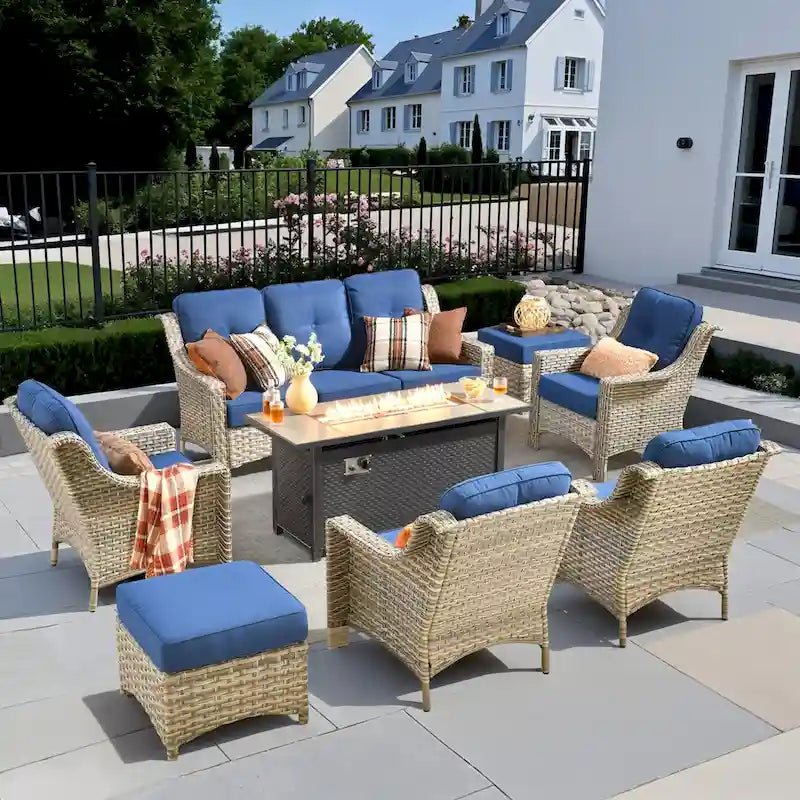 XIZZI 8-piece Outdoor Wicker Furniture Set with 54 Fire Table