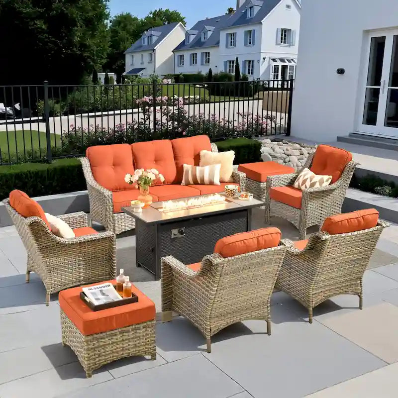XIZZI 8-piece Outdoor Wicker Furniture Set with 54 Fire Table