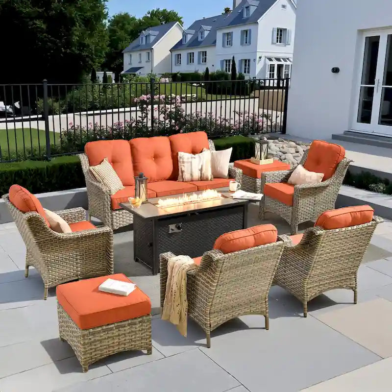 XIZZI 8-piece Outdoor Wicker Furniture Set with 54 Fire Table