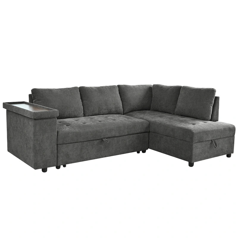 Christopher Knight Home-Miranda Convertible Polyester Sectional Sofa with Storage and Reversible Tray