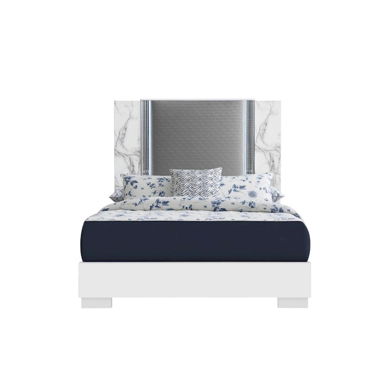 HomeRoots White and Gray Wood And Faux Leather Lighted King Bed Frame