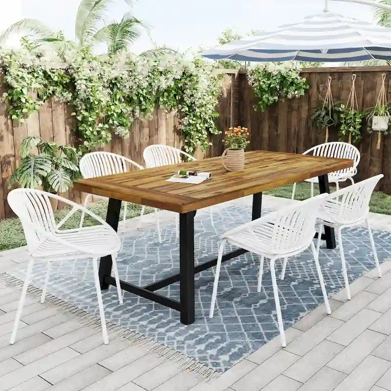7 Pieces Outdoor Modern Dining Set with Stackable Chair, White