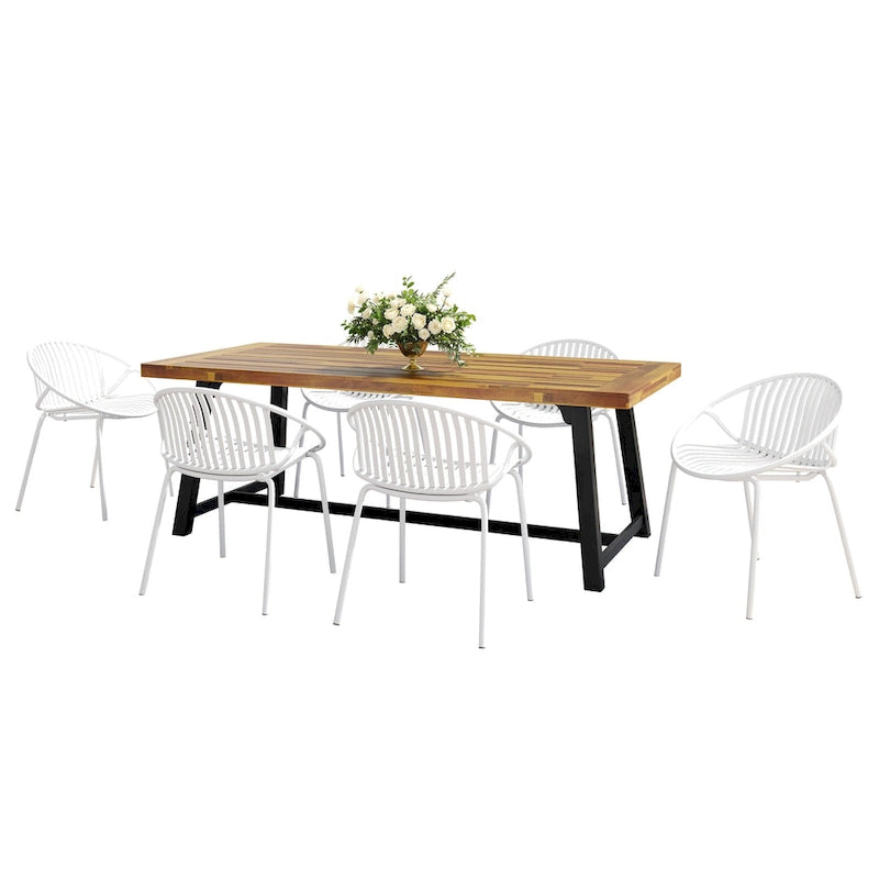 Set da pranzo moderno da esterno 7 pezzi con sedia impilabile, Bianco