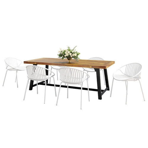 Set da pranzo moderno da esterno 7 pezzi con sedia impilabile, Bianco