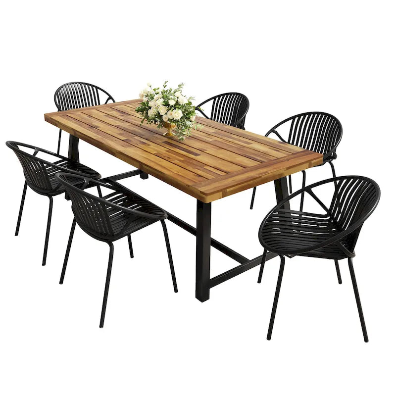 Set da pranzo moderno da esterno 7 pezzi con sedia impilabile, Bianco
