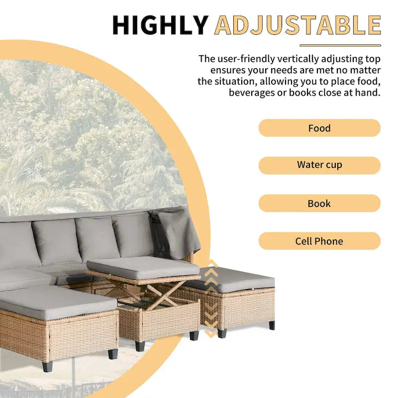 4-Pieces UV-Proof Resin Wicker Patio Sofa Set with Retractable Canopy, Cushions & Lifting Table