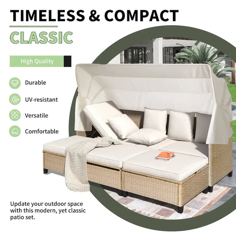 4-Pieces UV-Proof Resin Wicker Patio Sofa Set with Retractable Canopy, Cushions & Lifting Table