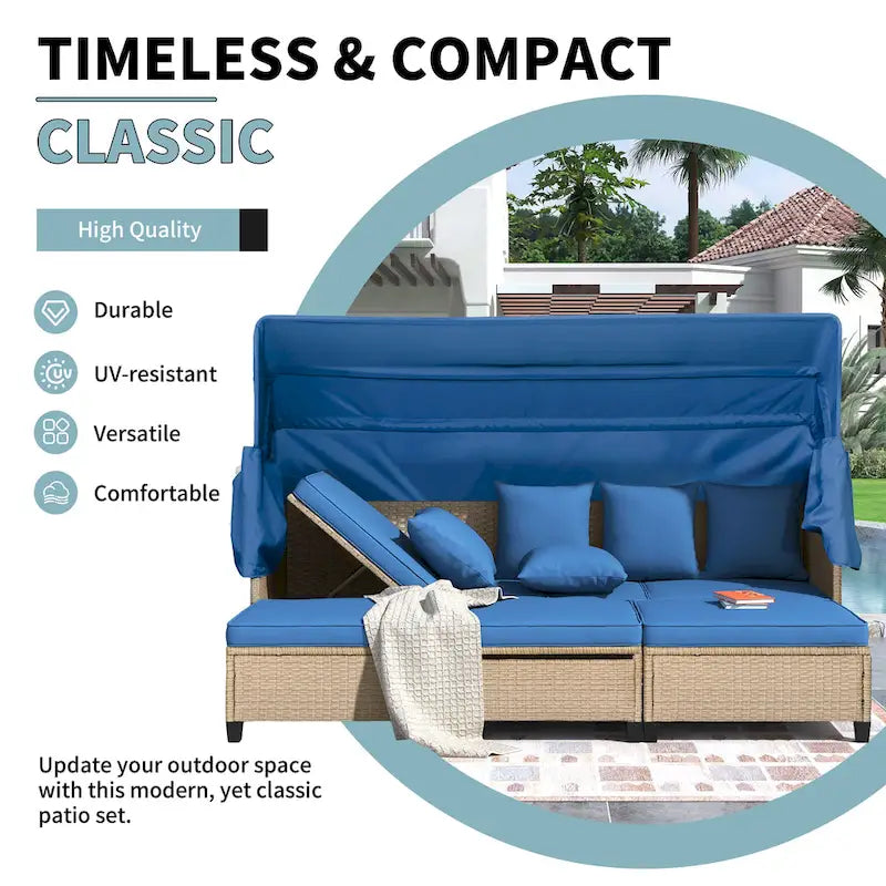 4-Pieces UV-Proof Resin Wicker Patio Sofa Set with Retractable Canopy, Cushions & Lifting Table