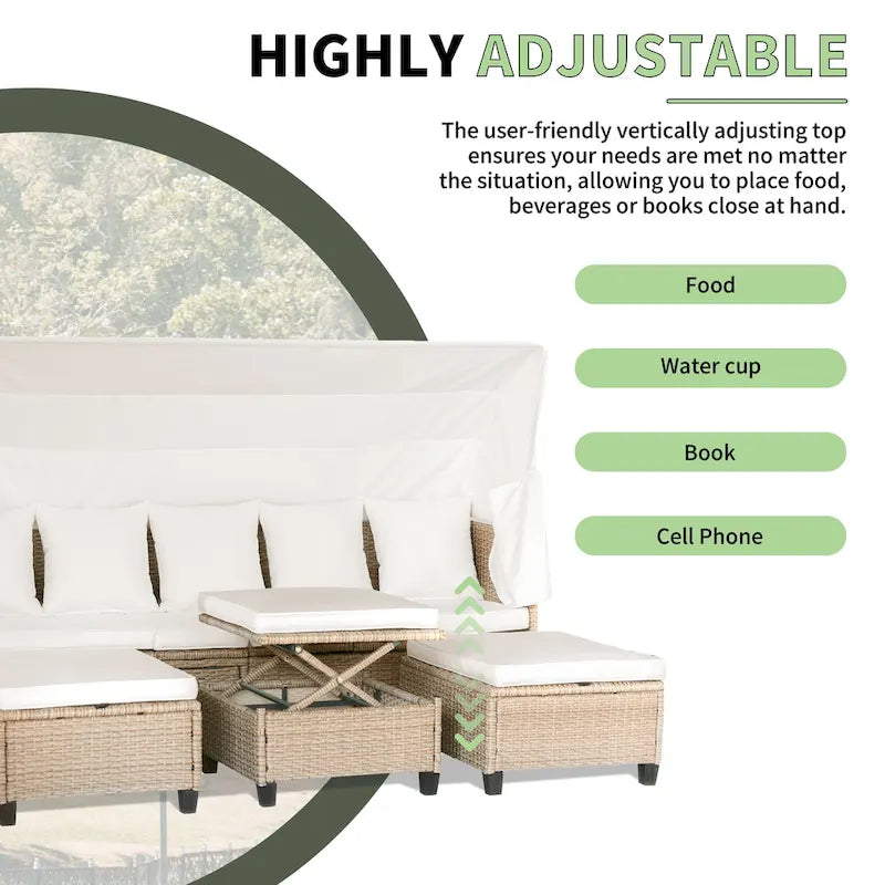 4-Pieces UV-Proof Resin Wicker Patio Sofa Set with Retractable Canopy, Cushions & Lifting Table