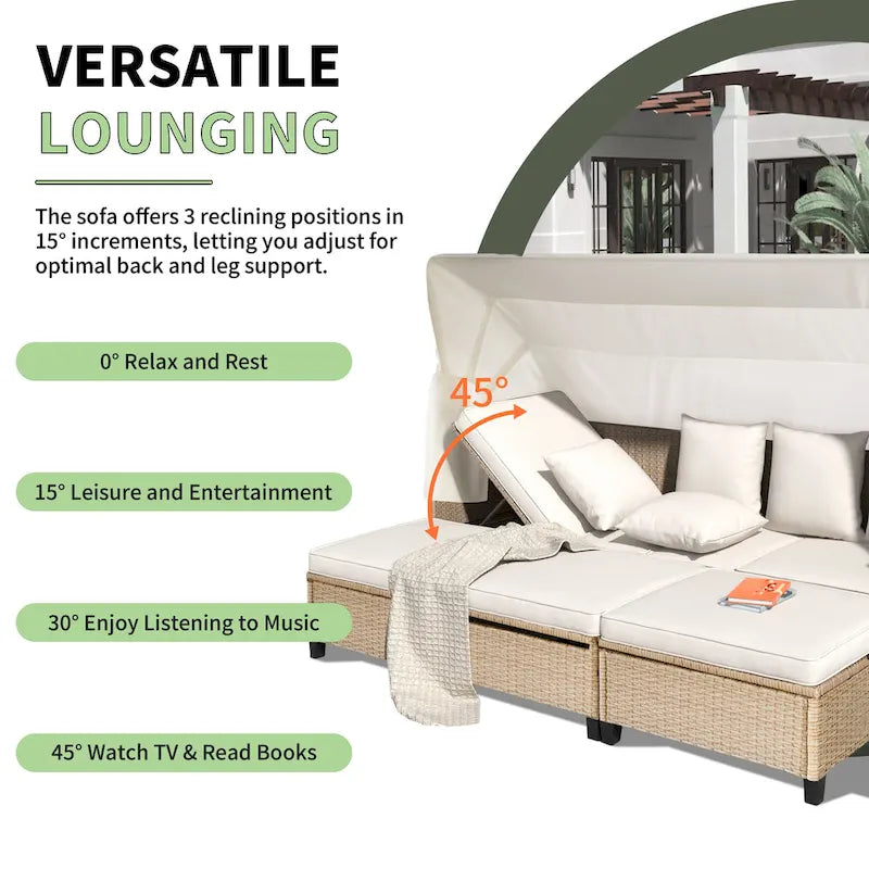 4-Pieces UV-Proof Resin Wicker Patio Sofa Set with Retractable Canopy, Cushions & Lifting Table