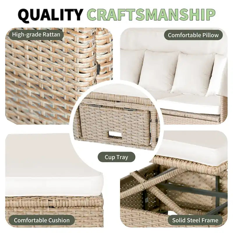 4-Pieces UV-Proof Resin Wicker Patio Sofa Set with Retractable Canopy, Cushions & Lifting Table