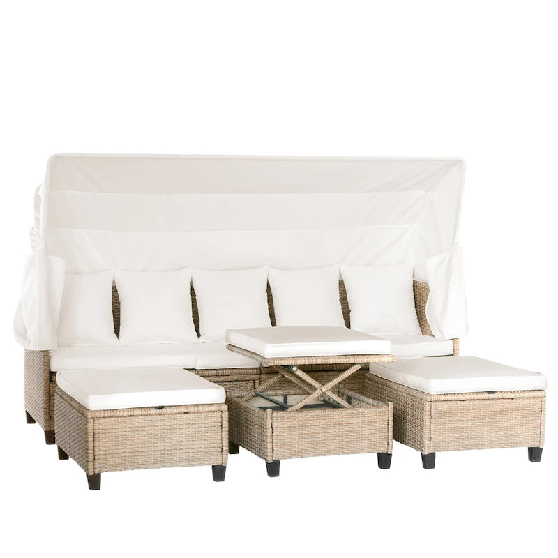4-Pieces UV-Proof Resin Wicker Patio Sofa Set with Retractable Canopy, Cushions & Lifting Table