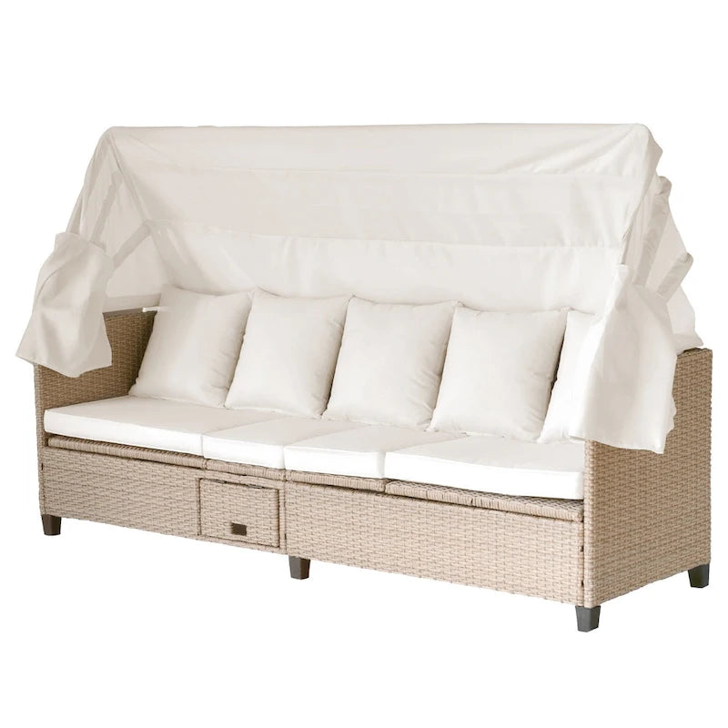 4-Pieces UV-Proof Resin Wicker Patio Sofa Set with Retractable Canopy, Cushions & Lifting Table