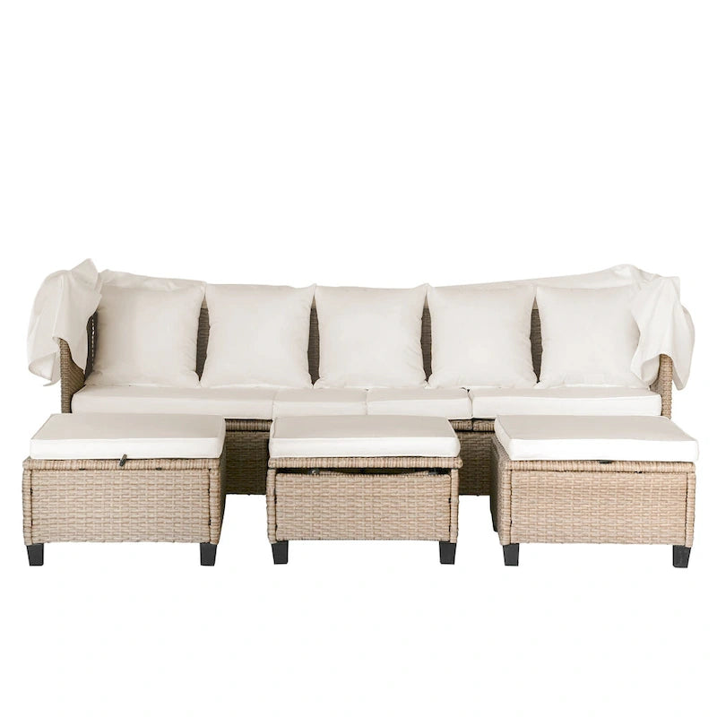4-Pieces UV-Proof Resin Wicker Patio Sofa Set with Retractable Canopy, Cushions & Lifting Table