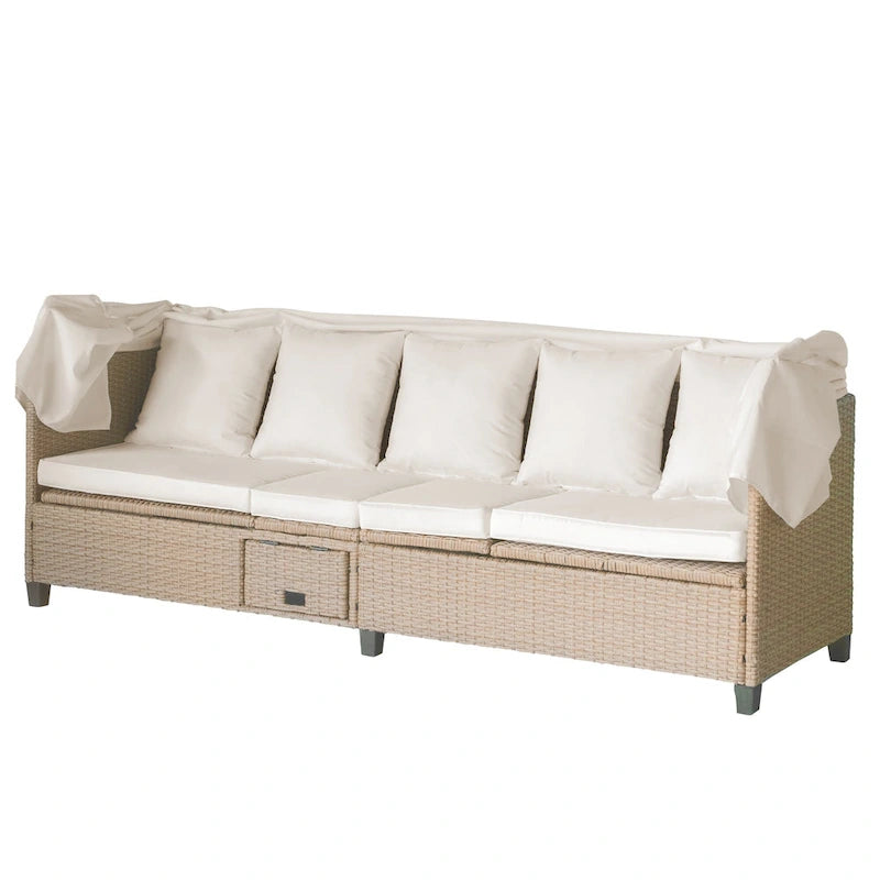 4-Pieces UV-Proof Resin Wicker Patio Sofa Set with Retractable Canopy, Cushions & Lifting Table