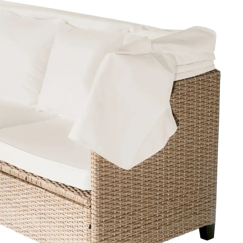 4-Pieces UV-Proof Resin Wicker Patio Sofa Set with Retractable Canopy, Cushions & Lifting Table