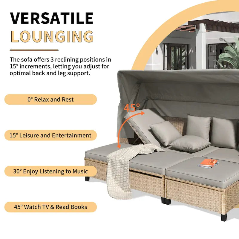 4-Pieces UV-Proof Resin Wicker Patio Sofa Set with Retractable Canopy, Cushions & Lifting Table