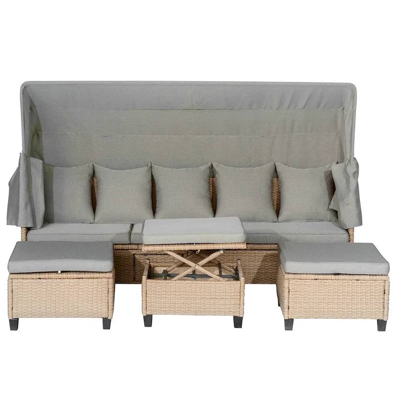 4-Pieces UV-Proof Resin Wicker Patio Sofa Set with Retractable Canopy, Cushions & Lifting Table