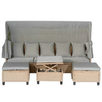 4-Pieces UV-Proof Resin Wicker Patio Sofa Set with Retractable Canopy, Cushions & Lifting Table