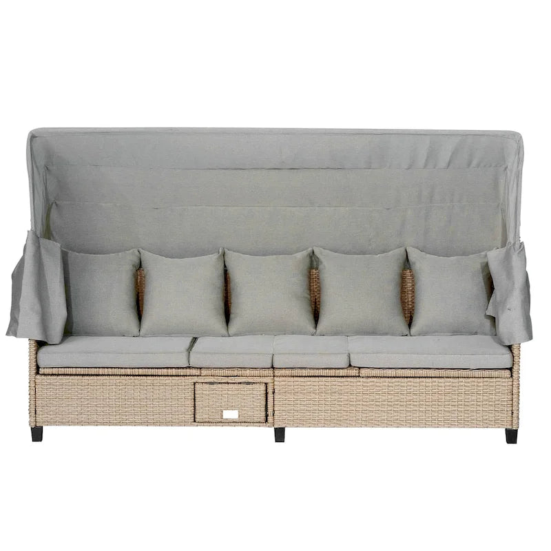 4-Pieces UV-Proof Resin Wicker Patio Sofa Set with Retractable Canopy, Cushions & Lifting Table