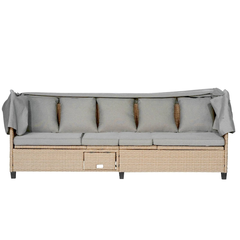 4-Pieces UV-Proof Resin Wicker Patio Sofa Set with Retractable Canopy, Cushions & Lifting Table