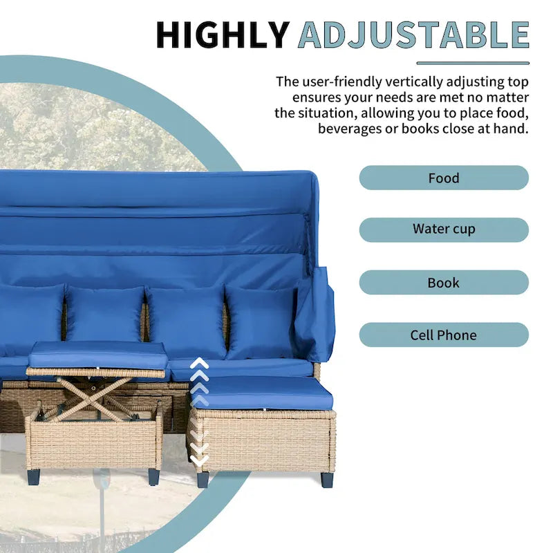 4-Pieces UV-Proof Resin Wicker Patio Sofa Set with Retractable Canopy, Cushions & Lifting Table