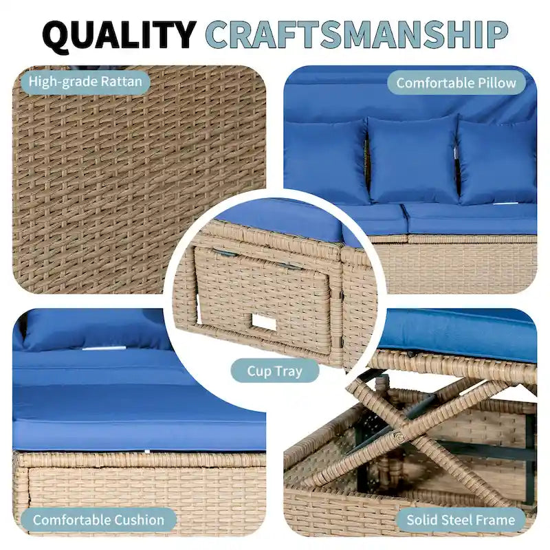 4-Pieces UV-Proof Resin Wicker Patio Sofa Set with Retractable Canopy, Cushions & Lifting Table
