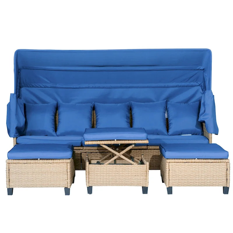 4-Pieces UV-Proof Resin Wicker Patio Sofa Set with Retractable Canopy, Cushions & Lifting Table