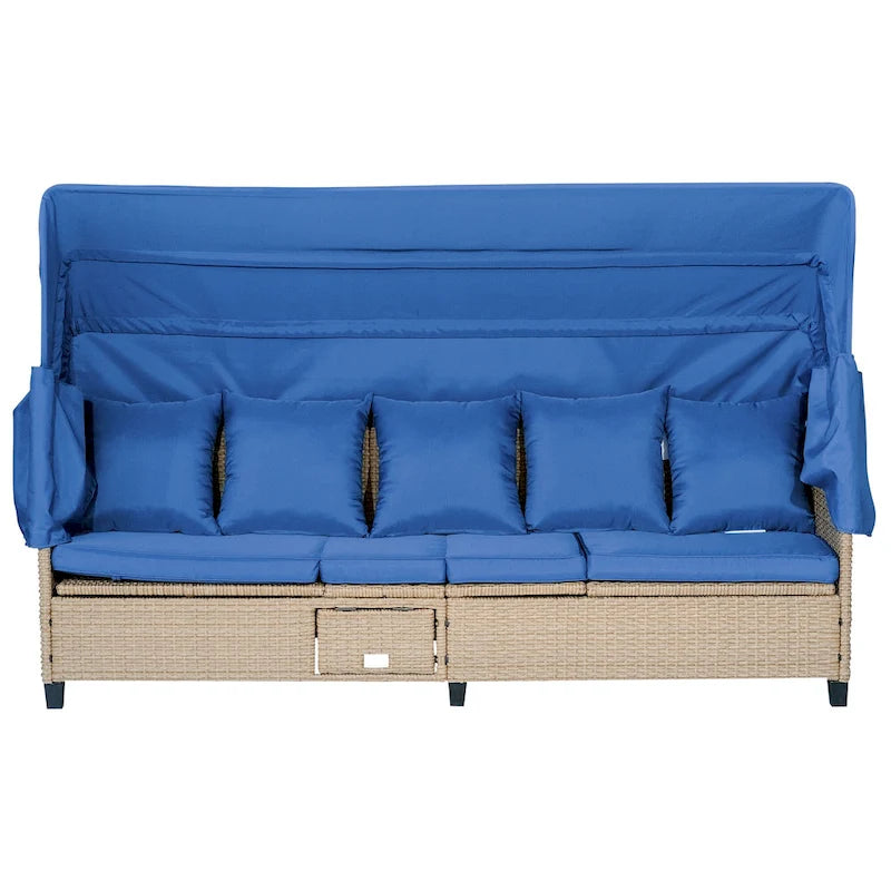 4-Pieces UV-Proof Resin Wicker Patio Sofa Set with Retractable Canopy, Cushions & Lifting Table