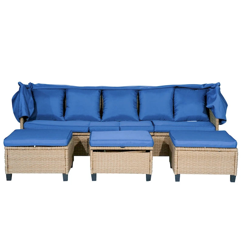 4-Pieces UV-Proof Resin Wicker Patio Sofa Set with Retractable Canopy, Cushions & Lifting Table